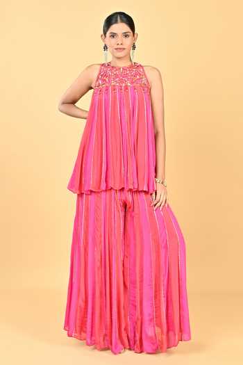 Buy_KEITH GOMES_Pink Crepe, Chiffon Beads, Cut Work Stripe Pattern Short Anarkali With Palazzo _at_Aza_Fashions