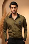 Buy_payal and rishab_Olive Green Cotton Embroidery Button Down Shirt _at_Aza_Fashions