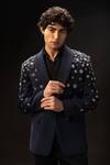 Shop_payal and rishab_Navy Crepe, Wool Sequins, Pearls, Stones Metal Bloom Embroidered Tuxedo Set _at_Aza_Fashions