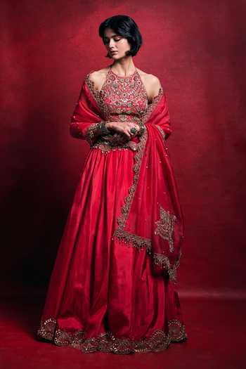 Tamanna Punjabi Kapoor_Fuchsia Silk, Organza Sequins, Pearls, Floral Embroidered Habutai Lehenga Set _Online_at_Aza_Fashions