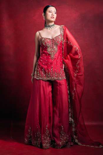 Buy_Tamanna Punjabi Kapoor_Red Silk, Organza Embroidery, Sequins, Pearls, Zari, Mirrors Raw Sharara Set _at_Aza_Fashions