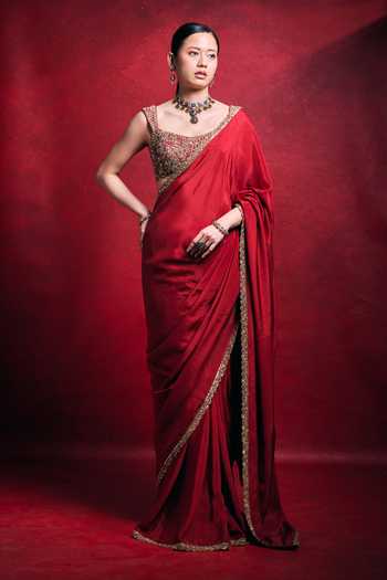 Buy_Tamanna Punjabi Kapoor_Red Silk, Satin Sequins, Beads, Pearls, Zari Scoop Saree With Embroidered Blouse _at_Aza_Fashions