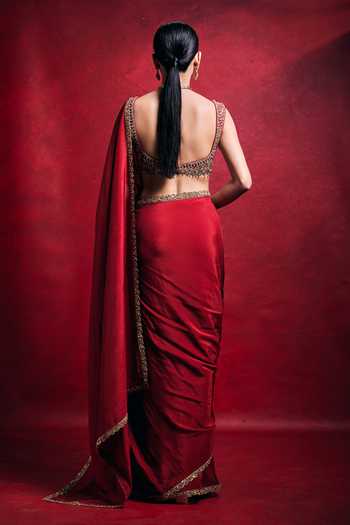 Tamanna Punjabi Kapoor_Red Silk, Satin Sequins, Beads, Pearls, Zari Scoop Saree With Embroidered Blouse _Online_at_Aza_Fashions