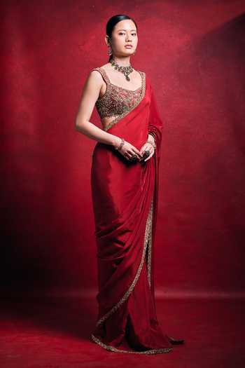 Shop_Tamanna Punjabi Kapoor_Red Silk, Satin Sequins, Beads, Pearls, Zari Scoop Saree With Embroidered Blouse _Online_at_Aza_Fashions
