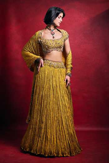 Buy_Tamanna Punjabi Kapoor_Mustard Silk, Shantoon Sequins, Pearls, Zari, Crushed Habutai Lehenga Set 