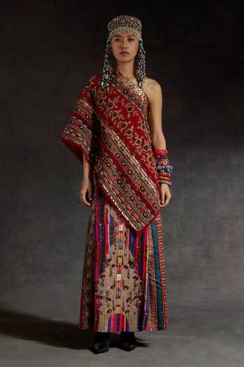 Shop_Aseem Kapoor_Gold Silk, Twill Beads, Zari, Tassels One Rasa Top And Embroidered Skirt Set _Online_at_Aza_Fashions