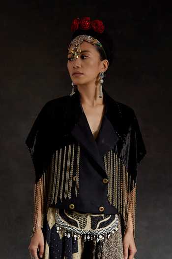 Buy_Aseem Kapoor_Black Crepe, Velvet Tassels, Fringe, Chains Zoa Detailed Cropped Trench Jacket _at_Aza_Fashions
