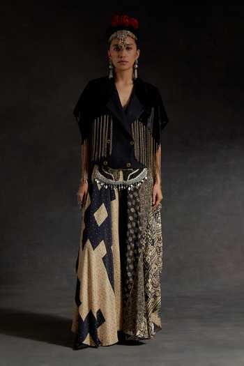 Shop_Aseem Kapoor_Black Crepe, Velvet Tassels, Fringe, Chains Zoa Detailed Cropped Trench Jacket 