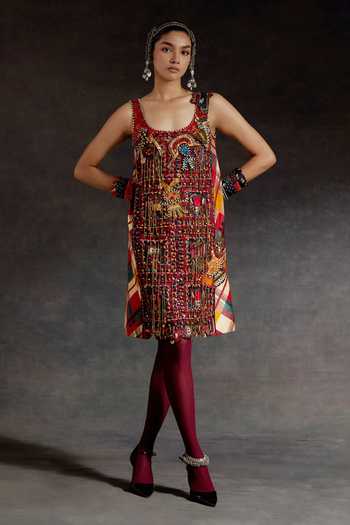 Buy_Aseem Kapoor_Red Net Beads, Mirrors, Tassels Scoop Neck Mehru Resham Embroidered Dress _at_Aza_Fashions
