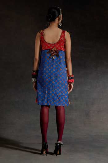 Shop_Aseem Kapoor_Red Net Beads, Mirrors, Tassels Scoop Neck Mehru Resham Embroidered Dress _at_Aza_Fashions