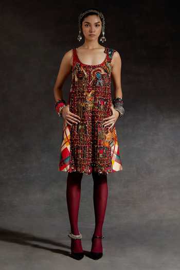 Aseem Kapoor_Red Net Beads, Mirrors, Tassels Scoop Neck Mehru Resham Embroidered Dress _Online_at_Aza_Fashions