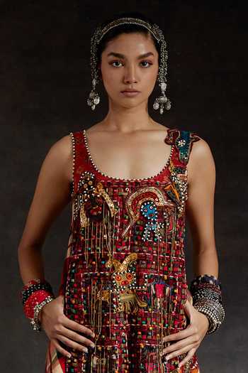 Buy_Aseem Kapoor_Red Net Beads, Mirrors, Tassels Scoop Neck Mehru Resham Embroidered Dress _Online_at_Aza_Fashions