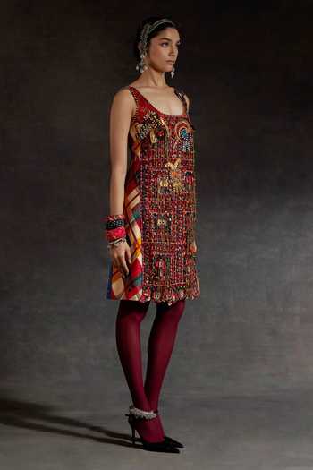 Shop_Aseem Kapoor_Red Net Beads, Mirrors, Tassels Scoop Neck Mehru Resham Embroidered Dress _Online_at_Aza_Fashions