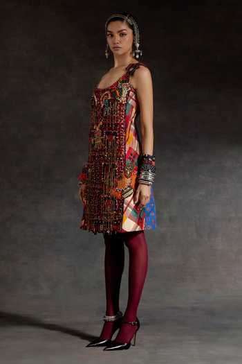 Aseem Kapoor_Red Net Beads, Mirrors, Tassels Scoop Neck Mehru Resham Embroidered Dress _at_Aza_Fashions
