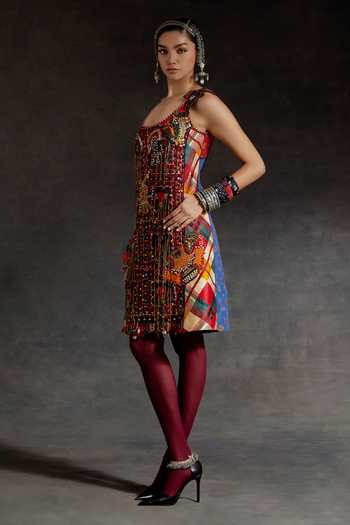 Buy_Aseem Kapoor_Red Net Beads, Mirrors, Tassels Scoop Neck Mehru Resham Embroidered Dress 