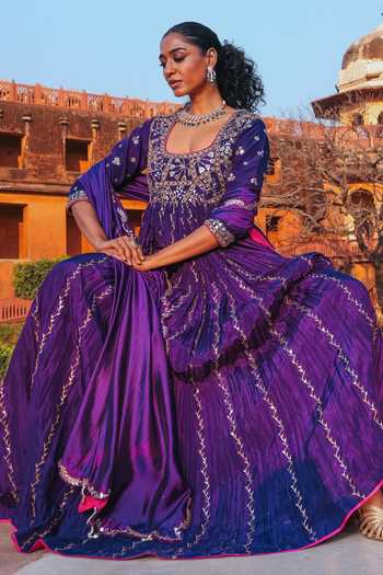 Shop_Punit Balana_Purple , Organza Zari, Chandi Tilla Work 40 Kalis Anarkali With Dupatta _at_Aza_Fashions