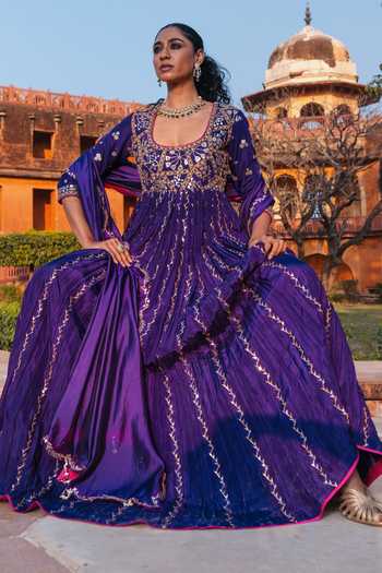 Buy_Punit Balana_Purple , Organza Zari, Chandi Tilla Work 40 Kalis Anarkali With Dupatta _at_Aza_Fashions