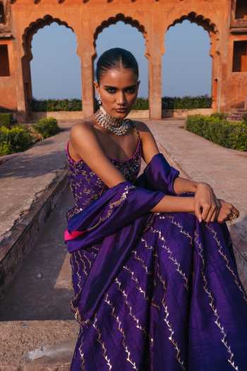 Shop_Punit Balana_Purple , Organza Foil Noor Chandi Tilla Embroidered Corset Lehenga Set _at_Aza_Fashions