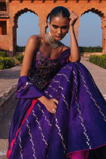 Punit Balana_Purple , Organza Foil Noor Chandi Tilla Embroidered Corset Lehenga Set _Online_at_Aza_Fashions