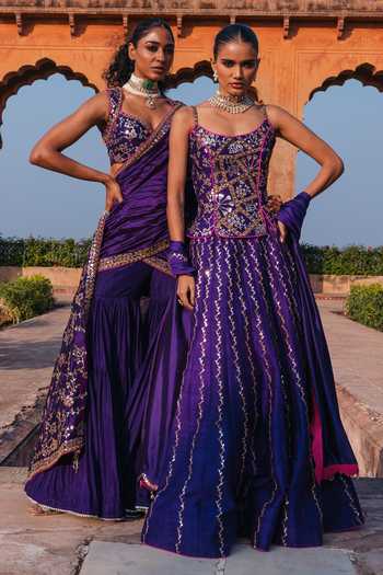 Shop_Punit Balana_Purple , Organza Foil Noor Chandi Tilla Embroidered Corset Lehenga Set _Online_at_Aza_Fashions