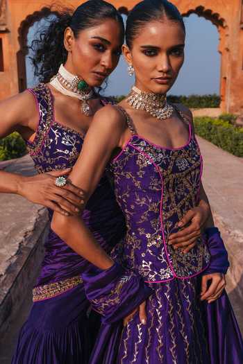 Punit Balana_Purple , Organza Foil Noor Chandi Tilla Embroidered Corset Lehenga Set _at_Aza_Fashions