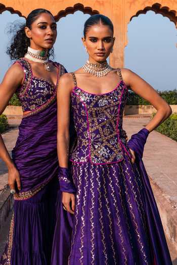 Buy_Punit Balana_Purple , Organza Foil Noor Chandi Tilla Embroidered Corset Lehenga Set 