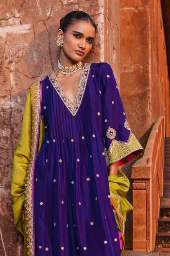 Shop_Punit Balana_Purple , Organza V-neck, Yes Embroidered Alia Choga Kurta Set _at_Aza_Fashions