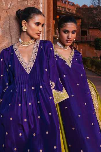 Buy_Punit Balana_Purple , Organza V-neck, Yes Embroidered Alia Choga Kurta Set _Online_at_Aza_Fashions