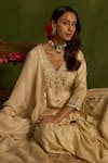 Kritika Dawar_Ivory Silk, Tissue Pearls, Sequins V-neck Samaira Hand Embroidered Gharara Set _at_Aza_Fashions