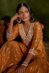 Kritika Dawar_Mustard Silk, Tissue Pearls, Sequins Samaira Hand Embroidered Kurta Gharara Set _at_Aza_Fashions