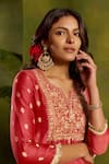 Kritika Dawar_Coral Silk, Chanderi Embroidery, Zari V-neck Sarah Banarsi Dabka Kurta Set _Online_at_Aza_Fashions
