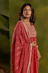 Buy_Kritika Dawar_Coral Silk, Chanderi Embroidery, Zari V-neck Sarah Banarsi Dabka Kurta Set _Online_at_Aza_Fashions