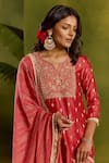 Kritika Dawar_Coral Silk, Chanderi Embroidery, Zari V-neck Sarah Banarsi Dabka Kurta Set _at_Aza_Fashions