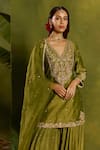 Buy_Kritika Dawar_Green Silk, Chanderi, Organza Embroidery, Gulnaar Hand Short Kurta Sharara Set _Online_at_Aza_Fashions