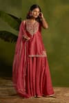 Buy_Kritika Dawar_Coral Silk, Chanderi, Organza Embroidery, Noorisha Hand Short Kurta Sharara Set _Online_at_Aza_Fashions