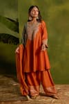 Buy_Kritika Dawar_Rust Silk, Tissue Embroidery, Zari Round Neck, Yes Roohani Hand Kurta Set _at_Aza_Fashions