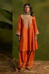 Buy_Kritika Dawar_Rust Silk, Tissue Embroidery, Zari Round Neck, Yes Roohani Hand Kurta Set _Online_at_Aza_Fashions