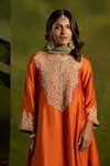 Kritika Dawar_Rust Silk, Tissue Embroidery, Zari Round Neck, Yes Roohani Hand Kurta Set _at_Aza_Fashions