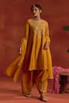Buy_Kritika Dawar_Yellow Silk, Tissue Embroidery, Zari Split V-neck, Yes Hasrat Kurta Set _at_Aza_Fashions