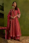 Buy_Kritika Dawar_Magenta Chanderi, Tissue Embroidery V-neck Gulrang Dori Anarkali Set _at_Aza_Fashions