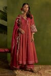 Buy_Kritika Dawar_Magenta Chanderi, Tissue Embroidery V-neck Gulrang Dori Anarkali Set _Online_at_Aza_Fashions