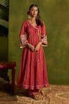 Shop_Kritika Dawar_Magenta Chanderi, Tissue Embroidery V-neck Gulrang Dori Anarkali Set _Online_at_Aza_Fashions
