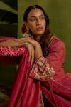 Kritika Dawar_Magenta Chanderi, Tissue Embroidery V-neck Gulrang Dori Anarkali Set _at_Aza_Fashions