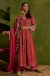 Shop_Kritika Dawar_Magenta Chanderi, Tissue Embroidery V-neck Gulrang Dori Anarkali Set _at_Aza_Fashions