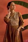Buy_Kritika Dawar_Brown Chanderi, Tissue Embroidery V-neck Mehrza Hand Anarkali Set _Online_at_Aza_Fashions