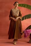 Kritika Dawar_Brown Chanderi, Tissue Embroidery V-neck Mehrza Hand Anarkali Set _at_Aza_Fashions