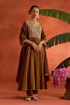 Buy_Kritika Dawar_Brown Chanderi, Tissue Embroidery V-neck Mehrza Hand Anarkali Set _at_Aza_Fashions
