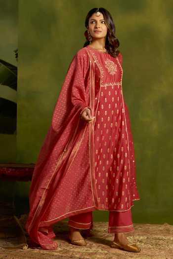Kritika Dawar_Coral Silk, Chanderi, Cotton Zari, Embroidery Round Nargis A-line Kurta Set _Online_at_Aza_Fashions