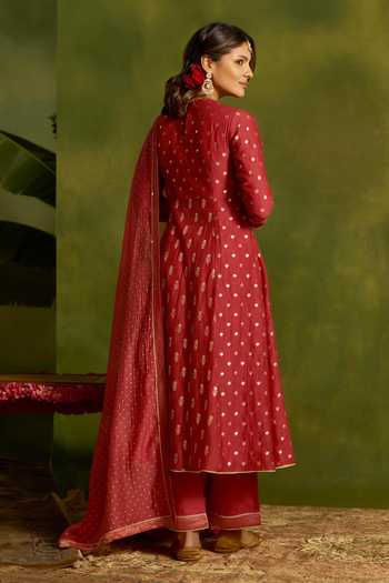 Shop_Kritika Dawar_Coral Silk, Chanderi, Cotton Zari, Embroidery Round Nargis A-line Kurta Set _at_Aza_Fashions