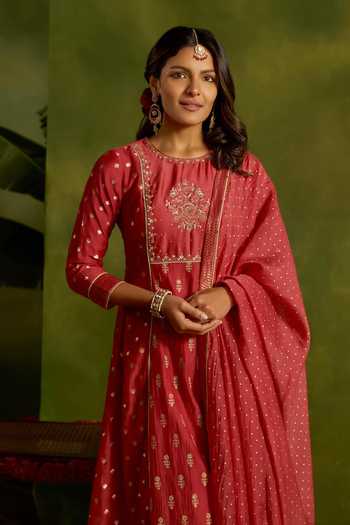 Buy_Kritika Dawar_Coral Silk, Chanderi, Cotton Zari, Embroidery Round Nargis A-line Kurta Set _Online_at_Aza_Fashions